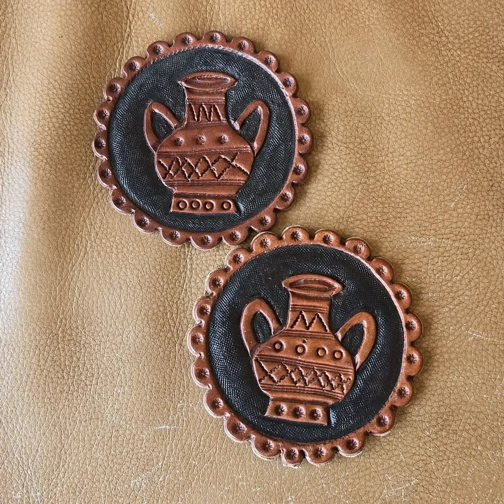 Hand‑Tooled Leather Coaster Set of 2 – Peruvian Water Jug Design